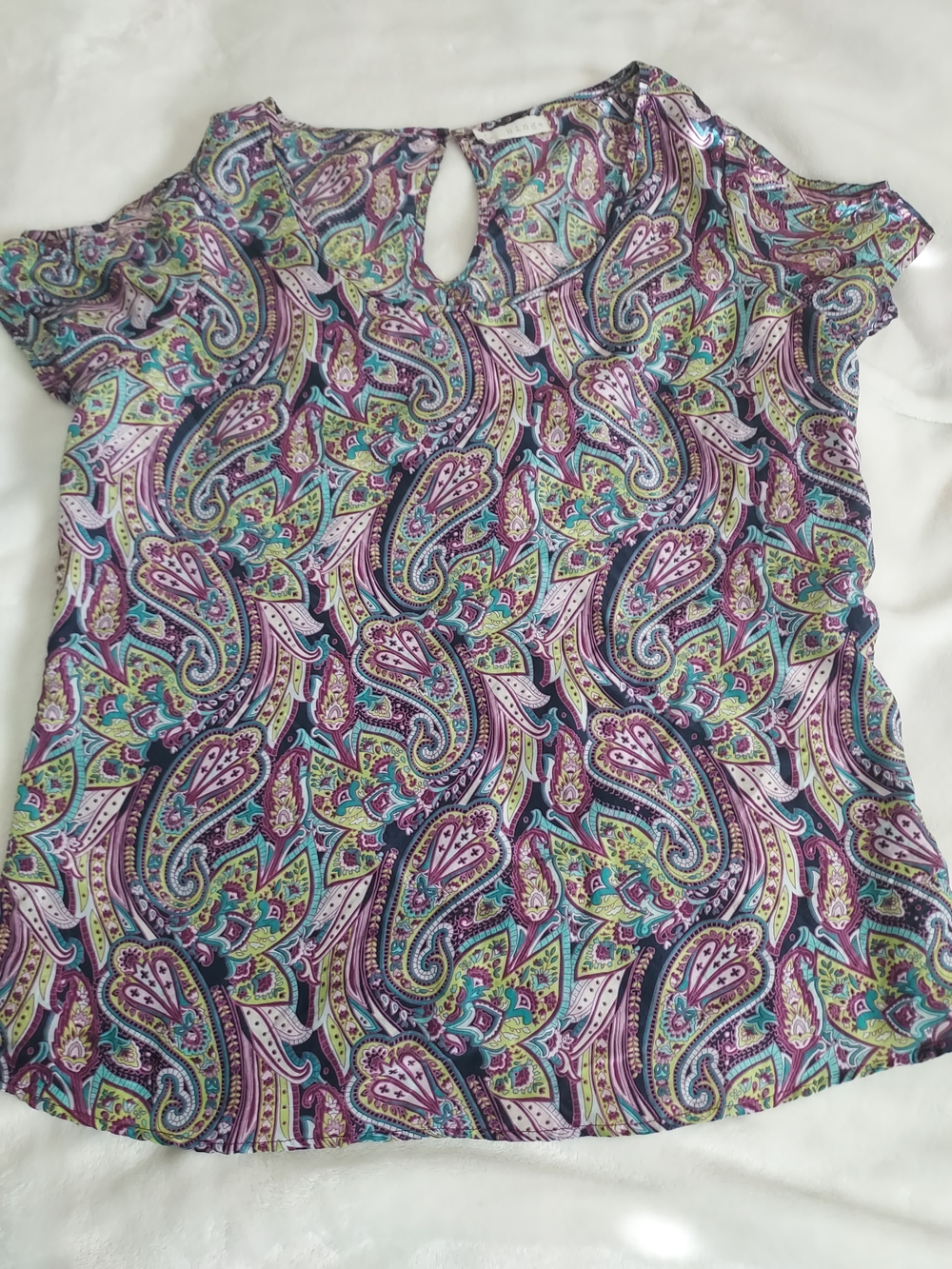 Purple & Green Paisley 100% Silk Short Sleeve Keyhole Blouse Boho Fairy Hippie